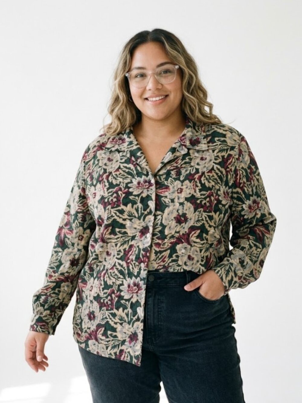 Allison Daley Blouse Green Purple Floral Button Up Sateen Casual Office 22W